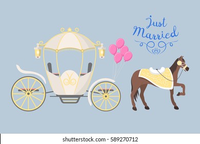 Fairy tale vintage carriage decoration with cute fashion horse royal element and princess retro wedding coach with classic elegant accessory vector illustration.