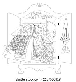 Fairy tale princess’s wardrobe with variety of clothes. Сoloring page. Vector illustration

