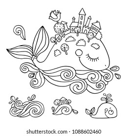 Fairy Tale Whale Illustration. Vector Drawing Perfect For The Coloring Book Or Page For Kids Or Adults.