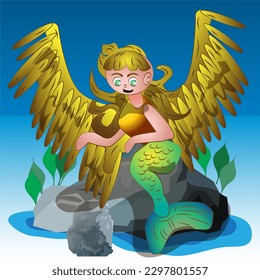 Fairy Tale Winged Mermaid Cartoon Character Vector Illustration