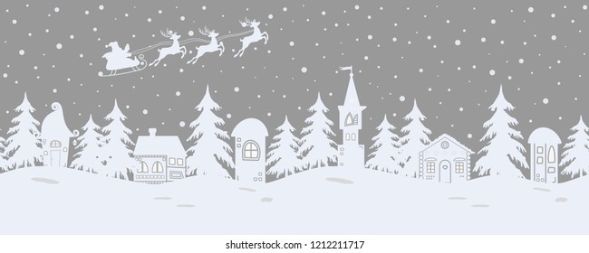 Fairy tale winter landscape. Santa Claus is riding across the sky on deers. There are fantastic lodges and fir trees on a gray background. It can be used as a seamless border. Vector illustration