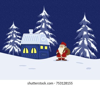 Fairy tale winter landscape with Santa Claus. There is a fantastic lodge, fir trees and Santa with a bag on a blue background in the image. It can be used as a design element in Christmas composition