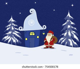 Fairy tale winter landscape with Santa Claus. There is a fantastic lodge, fir trees and Santa with a bag on a blue background in the image. It can be used as a design element in Christmas composition