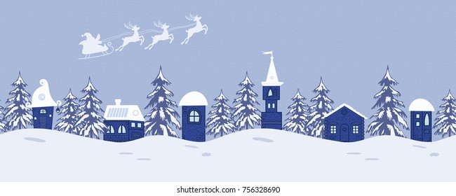 Fairy tale winter landscape. Santa Claus is riding across the sky on deers. There are fantastic lodges and fir trees on a blue background in the picture. It can be used as seamless border. Vector