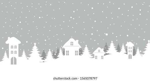 Fairy tale winter landscape. Seamless border. Christmas background. There are white silhouettes of fantastic houses and tree background. Vector illustration