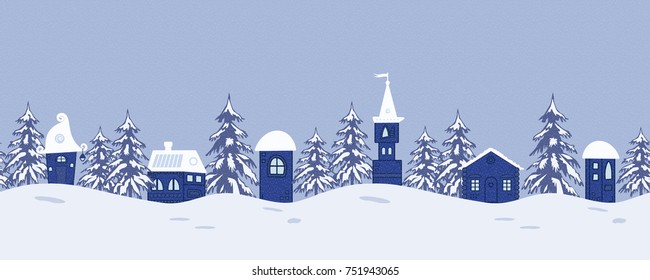 Fairy tale winter landscape. Seamless border. There are fantastic lodges and fir trees on a blue background in the picture. It can be used as a design element in the Christmas composition. Vector