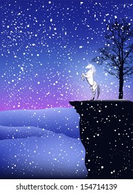 fairy tale winter postcard with white unicorn horse in snowfall