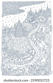 Fairy tale winter town landscape. Christmas and New Year greeting card, blue doodle on a white background, coloring book page