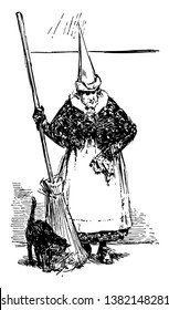 A Fairy Tale Witch Holding A Broomstick Standing With Her Cat, Vintage Line Drawing Or Engraving Illustration