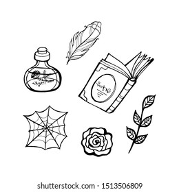 Fairy tale witch set. Halloween line vector illustration. Fantasy icons, mono vector symbols