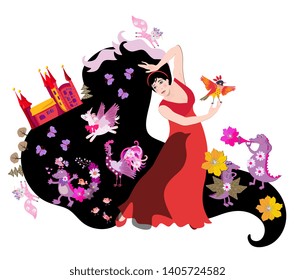 Fairy tale woman with magic animals and birds. Beautiful design for album drawing cover, card, poster.