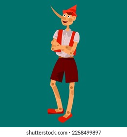 Fairy tale wooden boy with a long nose. PinocchioVector illustration

