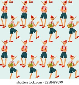 Fairy tale wooden boy with a long nose. Pinocchio. Seamless background pattern. Vector illustration

