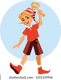Fairy tale wooden doll, puppet in a cap with a long nosea and golden key in a red jacket, Buratino