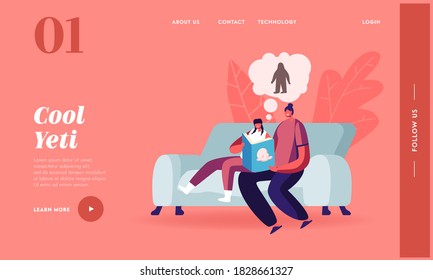 Fairy Tale Yeti Landing Page Template. Mother and Daughter Characters Sitting on Couch at Home Reading Book about Fantasy or Bigfoot Monster Lives in Rock or Forest. Cartoon People Vector Illustration