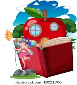 Fairy Tales And Apple House On Pop Up Book Cartoon Style On White Background Illustration