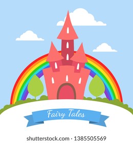 Fairy Tales Banner Template, Cute Red Magic Castle with Rainbow and Summer Landscape Vector Illustration