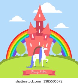 Fairy Tales Banner Template, Cute Magic Castle with Rainbow and Unicorn on Summer Landscape Vector Illustration