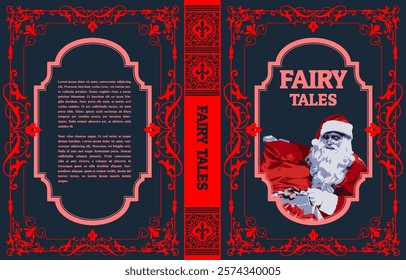 Fairy tales book cover design featuring santa claus carrying his sack, with elegant red and pink floral frames on a dark blue background