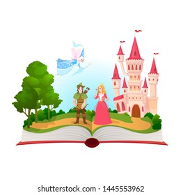 Fairy tales book. Fantasy tale characters, magic life library. Open book with fantasy kingdom castle. Kids dream vector background fairty child comic reading illustration