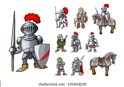 Fairy tales cartoon characters. Fantasy knight and dragon, princess and knights isolated on white. Vector icons set of fairytale elements for use in design postcards or coloring book