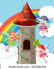 Fairy tales and castle tower cartoon style on rainbow sky background
 illustration