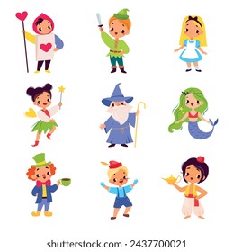 Fairy Tales Character with Boy and Girl Pinocchio, Wizard, Mermaid, Clown and Pixie Vector Set