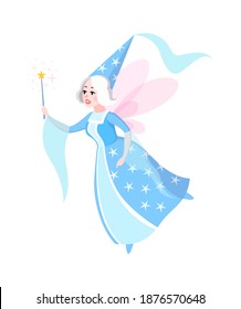 Fairy tales character. Cartoon woman in blue dress and cone hat with butterfly wings flying, sorceress with magic wand, fantasy creature witch, kids fairytale myth flat vector isolated illustration