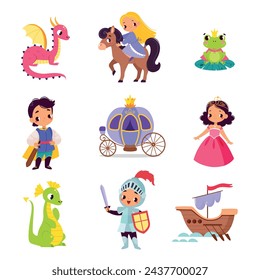 Fairy Tales Character with Dragon, Frog, Knight, Princess, Carriage and Boat Vector Set