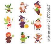 Fairy Tales Character with Goblin, Warlock, Witch, Pixie, Gnome and Leprechaun Vector Set