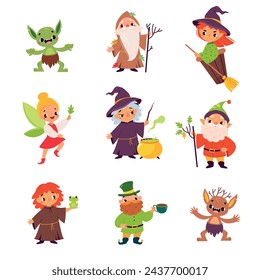 Fairy Tales Character with Goblin, Warlock, Witch, Pixie, Gnome and Leprechaun Vector Set