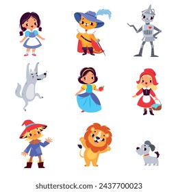 Fairy Tales Character with Robot, Cat in Boots, Red Riding Hood, Snow White, Lion, Puppy and Scarecrow Vector Set