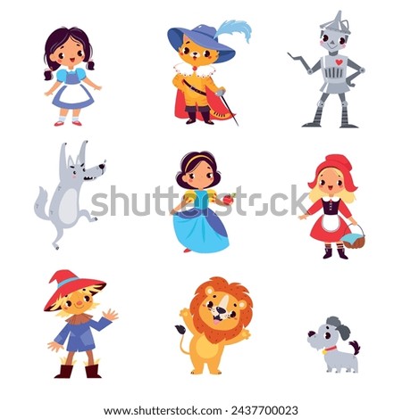 Fairy Tales Character with Robot, Cat in Boots, Red Riding Hood, Snow White, Lion, Puppy and Scarecrow Vector Set