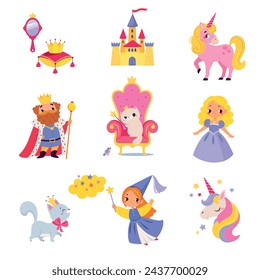 Fairy Tales Character with Unicorn, King, Pixie, Cat and Castle with Crown Vector Set