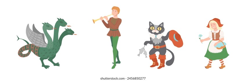 Fairy Tales Characters with Dragon, Bard, Cat in Boots and Red Riding Hood Vector Set