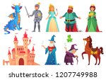 Fairy tales characters. Fantasy knight and dragon, prince and princess, magic world queen and king with castle tale magic. Fairytale isolated cartoon vector icons set