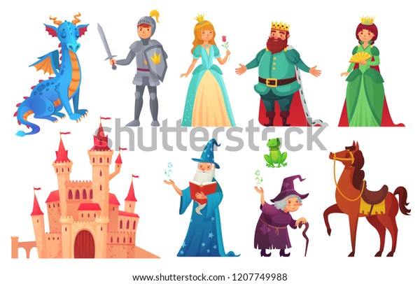 Fairy tales characters.\
Fantasy knight and dragon, prince and princess, magic world queen\
and king with castle tale magic. Fairytale isolated cartoon vector\
icons set