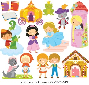 Fairy tales clipart set. Cute cartoon characters from famous folktales. svg