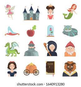 Fairy tales color flat icons set for web and mobile design