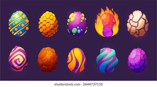 Fairy tales eggs collection with cracks and swirl patterns. Vector isolated cartoon enchanted shells set. Dragon or dinosaur embryonic spheres with various textures. Magic beast cores
