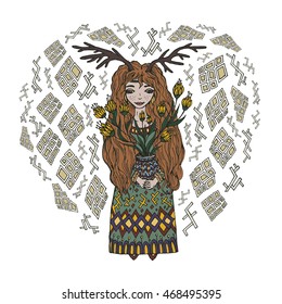 fairy tales forest girl with horns and floral bouquet