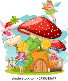 Fairy tales holiding flower and mushroom house cartoon style on white background illustration