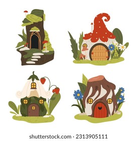 Casas de cuentos de hadas ambientadas. Imaginación y fantasía, sueño. Apartamentos en árboles y setas. Hadas, enanas o hogares lindos. Colección vectorial plana de dibujos animados aislada en fondo blanco