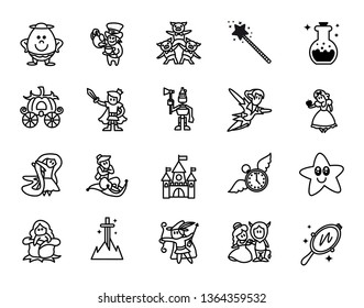 Fairy tales icons set. Set of Fantasy Related Vector Line Icons. Set of 20 minimal fable icons.