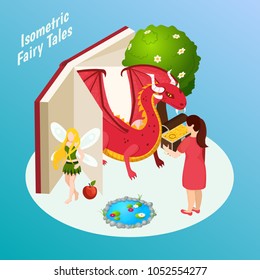 Fairy tales isometric composition on blue background with open book, fabulous characters, treasure chest vector illustration