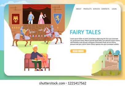 Fairy tales landing page website template. Vector flat illustration of grandfather reading book to his granddaughter about medieval knights joust while sitting on sofa.