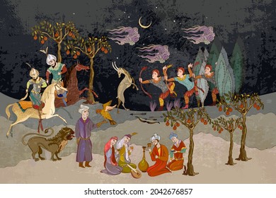 Fairy tales and legends of the Middle East. Paradise garden. Ottoman Empire book miniature. Persian frescoes. Medieval miniature. Mughal art. Ancient civilization murals 