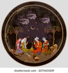Fairy tales and legends of the Middle East. Ancient civilization murals. Thousand and One Nights concept. Persian frescoes. Medieval miniature. Mughal art. Ottoman Empire book miniature  