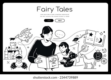 Fairy tales - modern line design style banner with copy space for text. Composition with mother reading to child. Knights and dragons, witchcraft and unicorn, princess carriage. Imagination