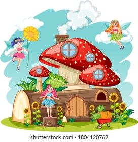 Fairy tales with mushroom and timber house isolated cartoon style on white background illustration